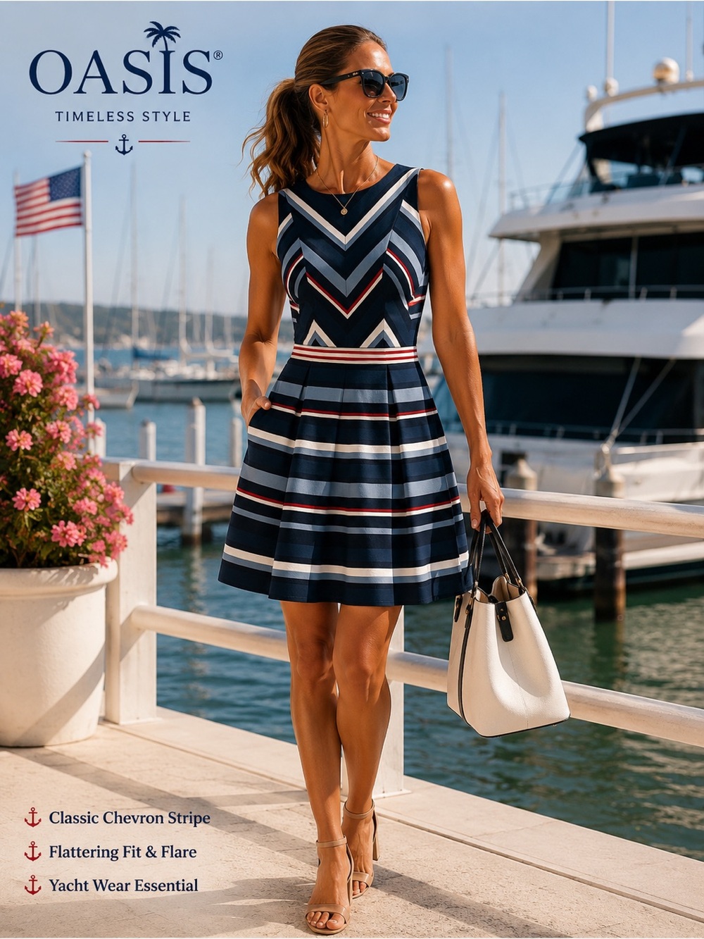 Oasis, Chevron Stripe Dress,Fit & Flair ,YachtWear,Classic,Timeless,Size 10